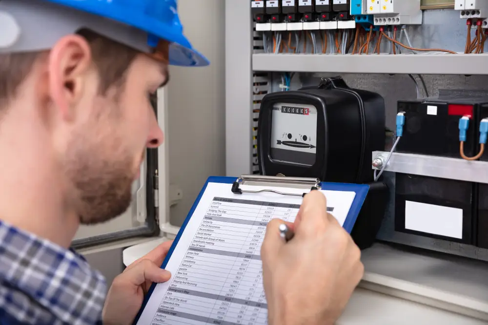 Close-up,Of,Male,Technician,Writing,On,Clipboard,In,Front,Of